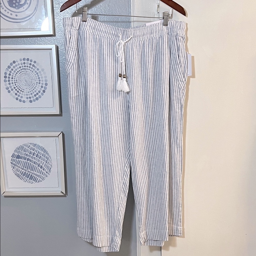 Westbound Linen Blend Women’s Plus Size 1X Pull On Striped White Blue Crop Pants